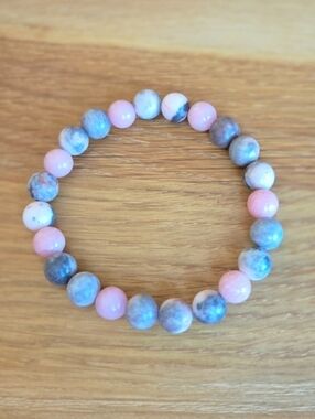 Pink & Gray Zebra Jasper & Pink Opal Beads Bracelet, Stretch, Hand Crafted